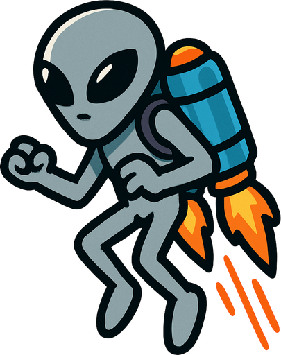 Grey alien with jetpack.
In-Game asset.  2d.  High contrast.  No shadows