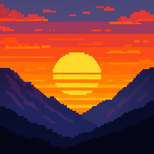 Sunset between the mountains ( natural) piksel art.
In-Game asset.  2d.  High contrast.  No shadows