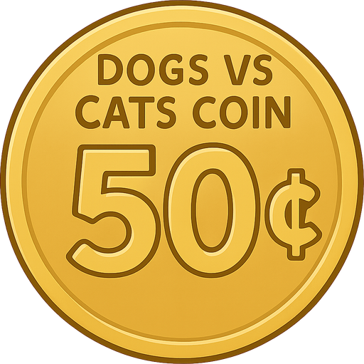A golden shining coin with the words “dogs vs cats coin” at the top and the coin says “50¢” . No background. Transparent background. Blank background. No shadows. 2d. In-Game asset. flat