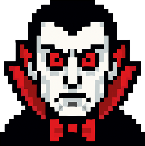 make pixel red eye dracula.
In-Game asset.  2d.  High contrast.  No shadows