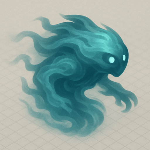 A single, isolated, highly detailed top-down isometric game asset of a Restless Spirit. It is an ethereal, translucent spectral figure, vaguely humanoid or beast-like, composed of swirling mist and faint light. Its form should be clearly defined but ghostly, with wispy edges. It can have two small, unblinking, glowing eyes or empty dark hollows for eyes (static). The spirit's body and implied 'head' should be clearly oriented towards the right side of the image, conveying its forward gliding motion. Style: Stylized, ghostly fantasy, semi-transparent, suitable for a Tower Defense game. Transparent background..
In-Game asset.  2d.  High contrast.  No shadows