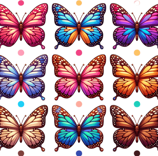 Sprite sheet with several differently colored butterflies. Realistic. No outline. No shadows. No backgrounds..