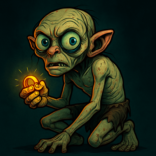 A full-body stylized illustration of Smeagol (Gollum), showing his thin, hunched frame and large expressive eyes. He is barefoot and shirtless, wearing ragged shorts, with exaggerated cartoonish features that highlight his creepy yet pitiful nature. He clutches a glowing precious ring tightly in one hand. The art style is dark fantasy with vibrant colors, detailed skin textures, and a shadowy, mysterious background to enhance the eerie atmosphere. Perfect for full-character concept art or game design..
In-Game asset.  2d.  High contrast.  No shadows