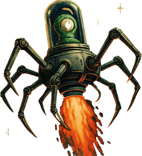 Imagine a multi-legged space machine, its legs sprawling at varied, dynamic angles, giving it an organic yet mechanical feel. Encased within a transparent tube, a one-eyed green alien watches intently. Beneath the ship, vivid rocket flames burst forth, illuminating the dark void of space with fiery intensity.