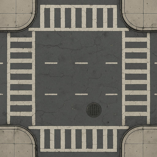 A highly detailed 2D top-down view of an urban asphalt road with multiple lanes, crosswalks, lane markings, realistic cracks, manholes, faded paint, and small debris like leaves or pebbles. Include sidewalks with curbs, drainage grates, and subtle oil stains. The scene should reflect a realistic city environment, with attention to texture and lighting for depth. The illustration style should be clean yet rich in detail, combining technical drawing precision with artistic shading.
In-Game asset.  2d.  High contrast.  No shadows
