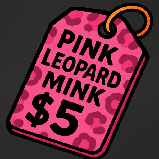 price tag that says pink leopard mink $5.
In-Game asset.  2d.  High contrast.  No shadows