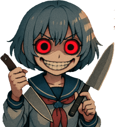 Stella, a 15-year-old anime girl with short, soft hair in a bluish-gray tone (HEX: #b0b9d8), and large black eyes with oversized irises (super kawaii style), glowing with intense yandere red. She wears a traditional Japanese school uniform (classic sailor fuku). She is inside a Japanese school locker, with soft light coming through the ventilation slits, casting dramatic shadows on her face. Her eyebrows are furrowed in extreme anger, but she has a wide, creepy smile, like someone completely insane. Dark under-eye circles highlight her unhinged expression. Her right hand holds a butcher knife slightly raised, while her left hand gently touches the blade with her index finger, mimicking a clock hand motion. Visual style: highly detailed Pixel Art.