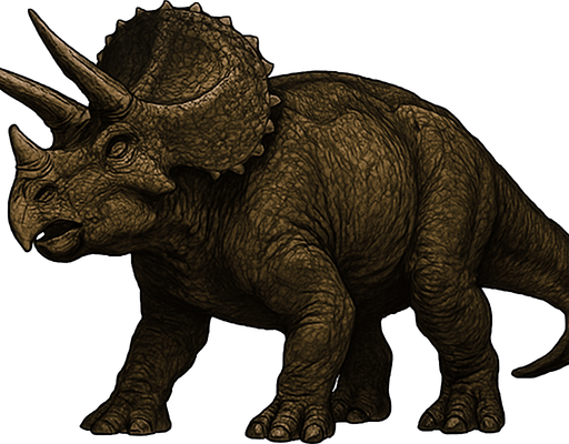 A large Triceratops dinosaur depicted in a neutral standing pose on a transparent background. It has a bulky, muscular body covered in rough, textured scaly skin with shades of dark brown and olive green. Its massive head features a large bony frill with small bumps and three prominent horns—two long ones above the eyes and a shorter one on the nose. The beak-like mouth is slightly open, and the eyes are calm but alert. The thick legs end in hoof-like claws, and the tail is short and heavy. The skin shows detailed scales, folds, and scars, giving it a lifelike, ancient appearance..
In-Game asset.  2d.  High contrast.  No shadows