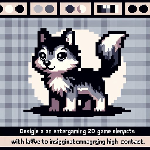 Wolf puppy 8-bit character cute and adorable.
Single Game Texture. In-Game asset. 2d. Blank background. High contrast. No shadows.