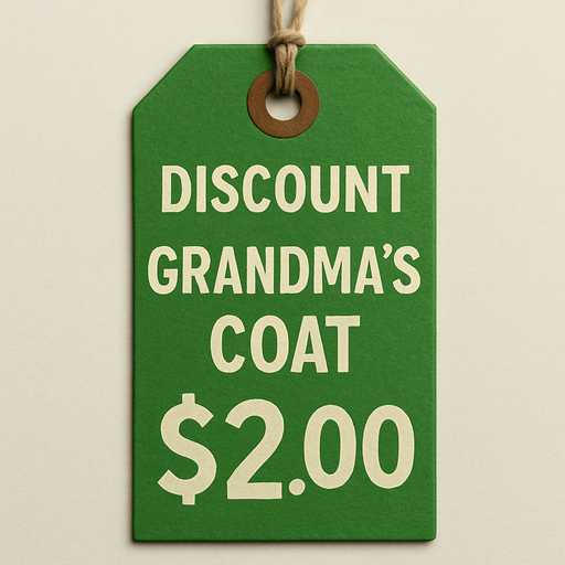 green price tag that says discount grandma's coat $2.