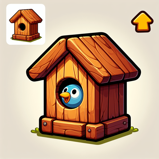 Make a cartoon-style birdhouse obstacle for a helicopter game. The birdhouse should have a wood texture, a circular hole, a tiny roof, and bright colors. Optionally add a little cartoon bird peeking out..
Single Game Texture.  In-Game asset.  2d.  Blank background.  High contrast.  No shadows