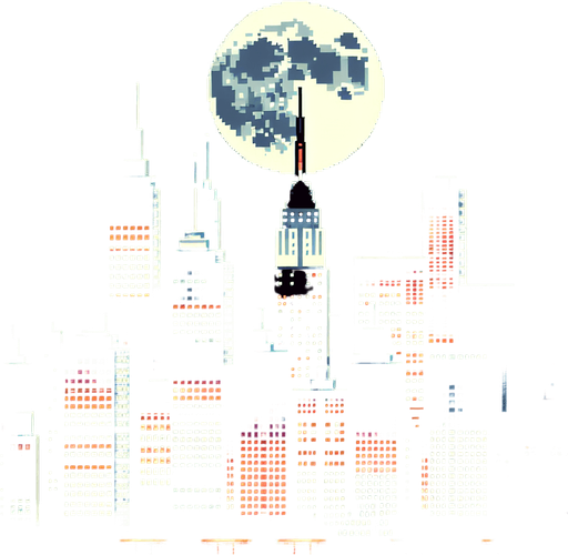 8 bit image city of newyork with black sky night.
Single Game Texture.  In-Game asset.  2d.  Blank background.  High contrast.  No shadows