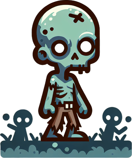 A cartoon style zombie.
Single Game Texture. In-Game asset. 2d. Blank background. High contrast. No shadows.