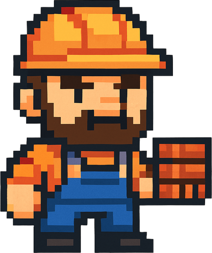 Genera una imagen de un albañil guerrero pixel, que su cabeza sea un poco más grande que su cuerpo, y que no tenga armas.
In-Game asset.  2d.  High contrast.  No shadows