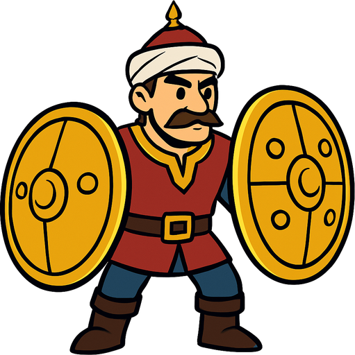 Animasyon çizgi dizi tarzında kalkanlı osmanlı askeri.Kalkanları büyük olsun
In-Game asset.  2d.  High contrast.  No shadows
