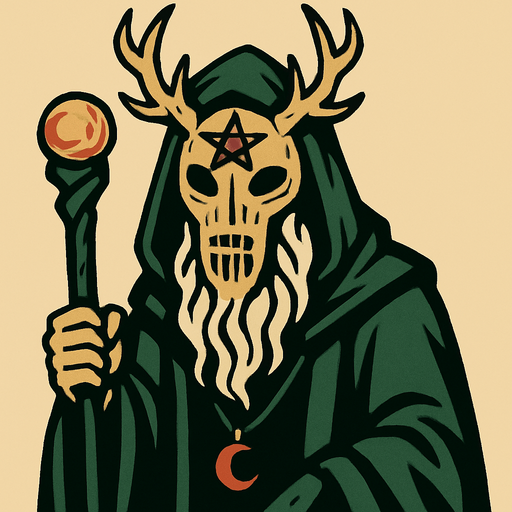 Mor perelinli bir büyücü yüzünde bir pagan maskesi var.
In-Game asset.  2d.  High contrast.  No shadows