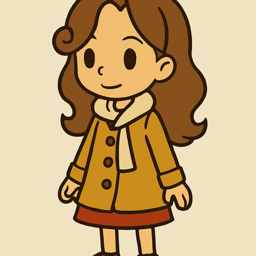 Cute little10yo girl brown hair in professor Layton game style.
In-Game asset.  2d.  High contrast.  No shadows