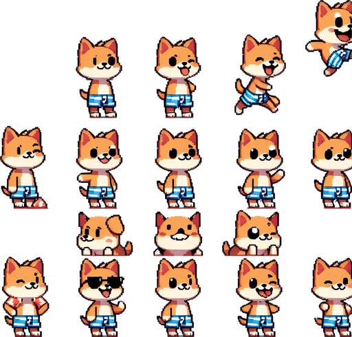 A spritesheet with a number of poses of an happy little dog in swimming trunks, smiling, walking, waiting, standing, ordering, turning, etc. all seen from the side.The spritesheet should be laid out in a rectangular grid with clear space between each individual sprite. Each sprite in the sheet should be around 300x600 pixels in size..
Single Game Texture. In-Game asset. 2d. Blank background. High contrast. No shadows.