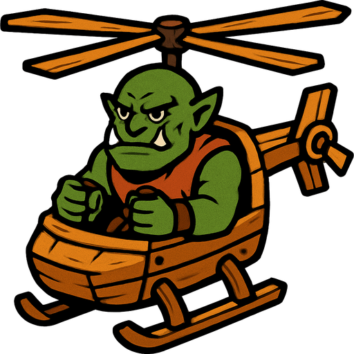Orc in a wooden helicopter.
In-Game asset.  2d.  High contrast.  No shadows