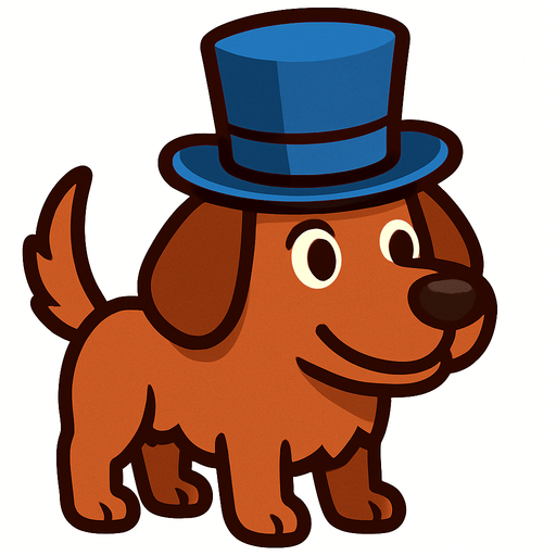 Brown dog with a blue top hat. 🎩.
In-Game asset.  High contrast.  No shadows. 2d.