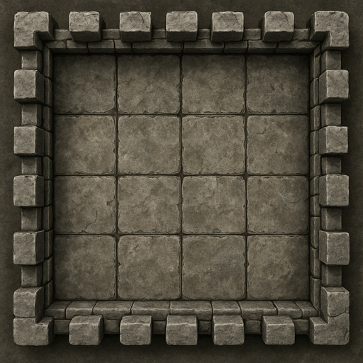 A rectangular stone castle battlement, seen from directly above. In between the walls is a weathered looking 3x5 grid. Rectangle. Not square. Realistic graphics..
In-Game asset.  2d.  High contrast.  No shadows