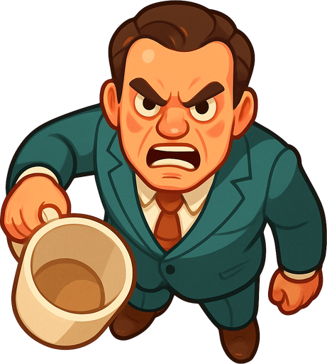 A guy in a leisure suit is 50s holding a large empty coffee cup in his arm facing down, he just threw the coffee at someone. Looks angry as fuck. Cute soft graphics. soft ambient light. semi-matte to satin surfaces. naturalistic with slight saturation boost colors. Tone is premium, friendly, clean with lifestyle or service-oriented appeal.
In-Game asset.  2d.  High contrast.  No shadows. top down. View from above..
In-Game asset.  2d.  High contrast.  No shadows