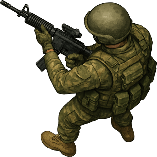 Army Soldier with gun. Topview.