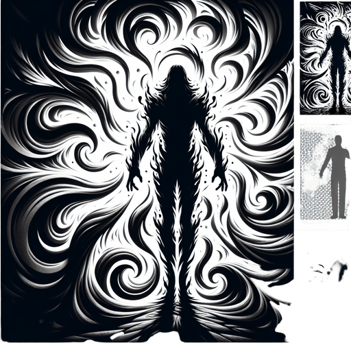 A figure fully merged with swirling, dynamic shadows, looking menacing..
Single Game Texture.  In-Game asset.  2d.  Blank background.  High contrast.  No shadows