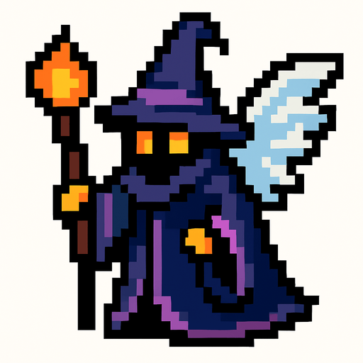 kanatlı piksel büyücü.
In-Game asset.  2d.  High contrast.  No shadows