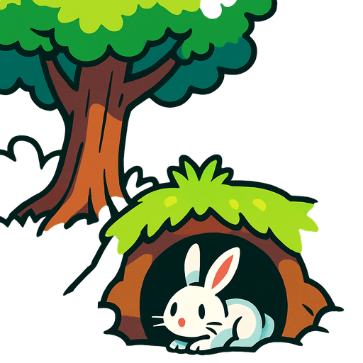 gambar 2d anime kelinci hare menunggu dalam lubang tanah di bawah pohon dalam hutan.
In-Game asset.  2d.  High contrast.  No shadows