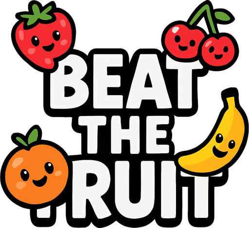 "Beat the Fruit" titulo para el juego, muestra las letras en grande blancas con un borde negro y sin fondo, con algunas frutitas felices junto a las letras.
In-Game asset.  2d.  High contrast.  No shadows