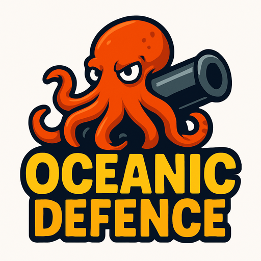 crea un titulo que diga oceanic defence con un pulplo detras de las letras que esta sentado en un cañon negro.
In-Game asset.  2d.  High contrast.  No shadows