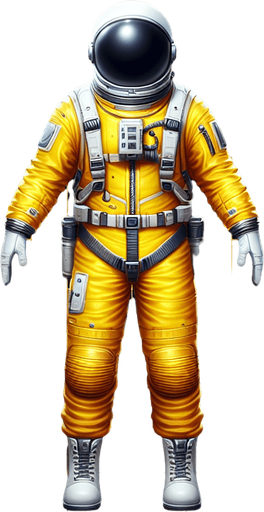 Create a top down view of an astronaut in a bright yellow space suit.
Single Game Texture. In-Game asset. 2d. Blank background. High contrast. No shadows.