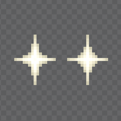 High-quality 2D pixel art of two small sparkle effects side by side with a small gap between them. Each sparkle is star-shaped or cross-shaped, emitting a soft glow in white or pale yellow tones. The sparkles are symmetrical and minimal, designed for UI highlights, magical effects, or item glimmers. The pixel art style is clean and detailed, in 16-bit fantasy aesthetic. Transparent background.".
In-Game asset.  2d.  High contrast.  No shadows