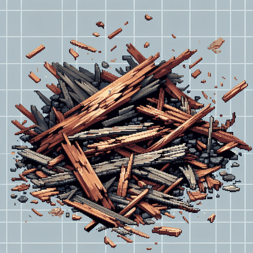 2D wreckage of wood, square, HD colors.
Single Game Texture.  In-Game asset.  2d.  Blank background.  High contrast.  No shadows