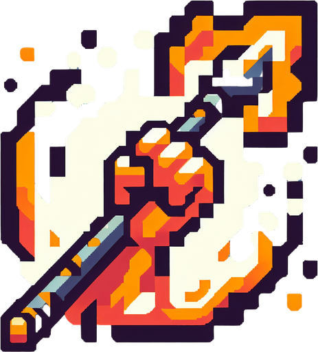 Pixelart. An icon of a an arm holding  javelin with fire around it..
Single Game Texture. In-Game asset. 2d. Blank background. High contrast. No shadows.