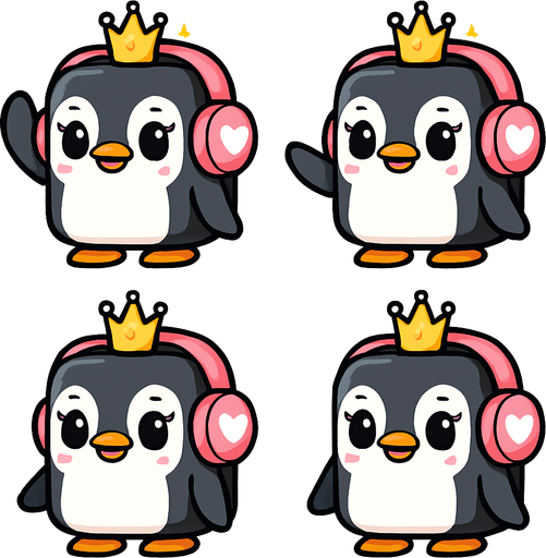 Create a 2D character sprite sheet, arranged in a 2x2 grid. The subject is an adorable, girly, cubical Penguin Princess. She wears a small, cute sparkling crown. Her oversized pink headphones have a small white heart decal on each ear cup. She has large, expressive eyes and a sweet smile. The style is clean vector art with simple cel shading, on a plain white background. The 4-frame animation is a side-to-side wave.
Frame 1: The character raises her flipper to head height, hand held straight.
Frame 2: The flipper, still at head height, pivots to the left.
Frame 3: The flipper, still at head height, pivots to the right.
Frame 4: The character begins to lower her flipper from head height..
In-Game asset.  2d.  High contrast.  No shadows