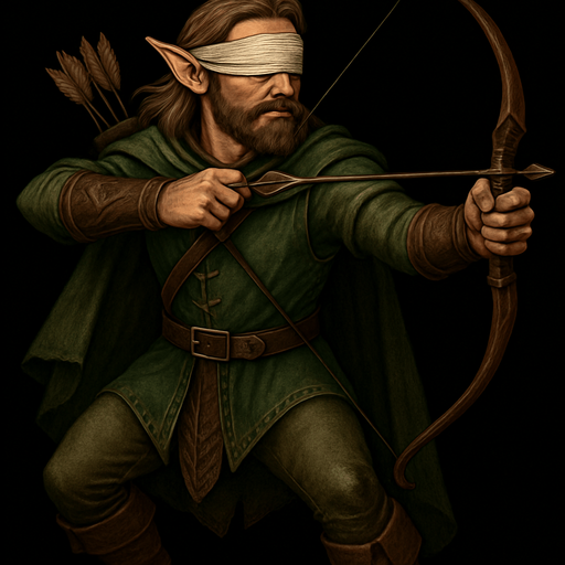 Daha ayrıntılı olsun kıyafeti elf okçu olsun ve kör olduğu için gözlerini bağlanmış olsun