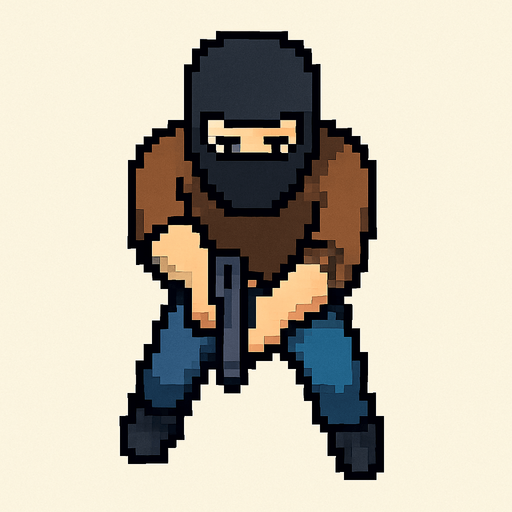 Draw a Man He Have Baclava mask wearin brown shirt and blue pants He Using Gun with 2 hands 
 in 2D Pixel Art Style and Do It from an Above Perspective.In-Game asset.  2d.  High contrast.  No shadows