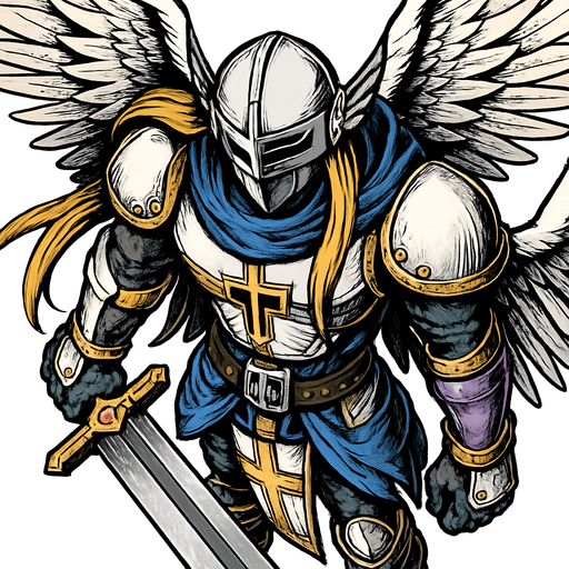 MagnaAngemon, visto desde arriba, calidad y detalles altamente épicos..
In-Game asset.  2d.  High contrast.  No shadows