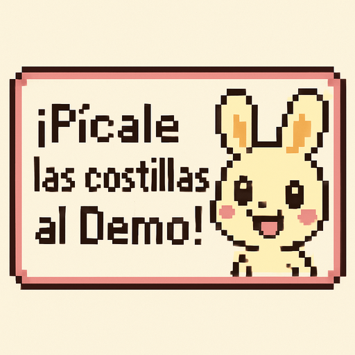 Un cuadro de dialogo.
Este dira ''Picale las costillas al Demo'' TIENE QUE SER ADORABLE pero retro, de videojuego.
In-Game asset.  2d.  High contrast.  No shadows