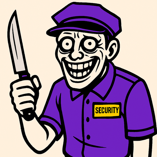 a madman wearing a purple security suit. He looks frightening, you can tell he's crazy by the glazed look in his eyes. he's just smiling with a knife in his hand, but in the glazed look in his eyes there's a little cry for help.
In-Game asset.  2d.  High contrast.  No shadows