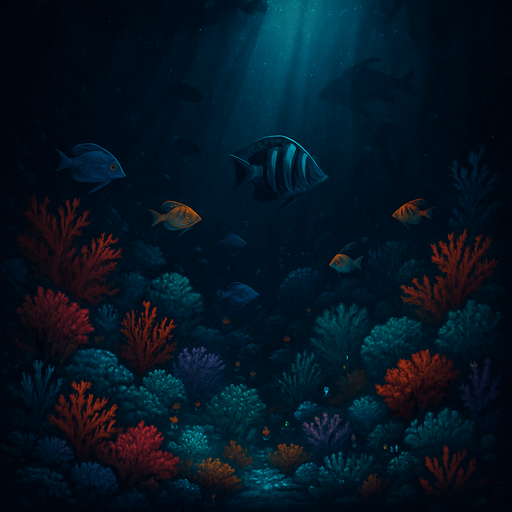 A fantasy underwater scene in a dark deep ocean, illustrated in highly detailed fantasy art style. The background is a dark abyss with faint rays of light piercing from above, casting soft glows through the water. At the bottom of the scene, vibrant and colorful coral reefs in hues of red, purple, teal, and orange spread across the sea floor. Exotic fish swim gently among the coral. The entire scene is viewed with a cinematic wide angle. Shadows of sea creatures loom faintly in the background. The water has particles suspended, giving it a mysterious and immersive depth. Bioluminescent algae softly glow in some areas of the coral. The overall tone is mysterious yet magical. Black background base. Ideal for a 5x5 grid overlay. No text, pure environment. 4K ultra-detailed fantasy illustration..
In-Game asset.  2d.  High contrast.  No shadows