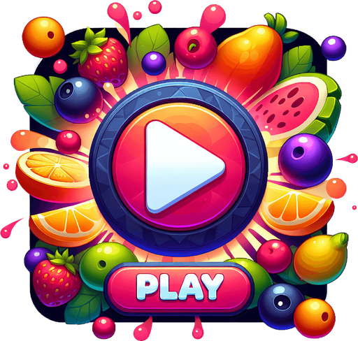 "play" text written on the button fruits splash around the border.
Single Game Texture.  In-Game asset.  2d.  Blank background.  High contrast.  No shadows