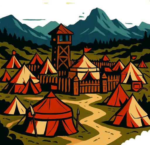 Büyük savaşçı kampı uzaktan görünüm.
In-Game asset.  2d.  High contrast.  No shadows