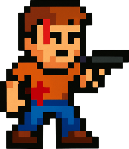 16x16 pixel wounded guy holding pistol.
In-Game asset.  2d.  High contrast.  No shadows. pixel art. retro arcade game