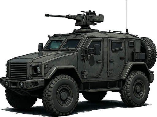 Zırhlı savaş arabası, gerçekçi, yazısız, yandan görümüm.
In-Game asset.  High contrast.  No shadows