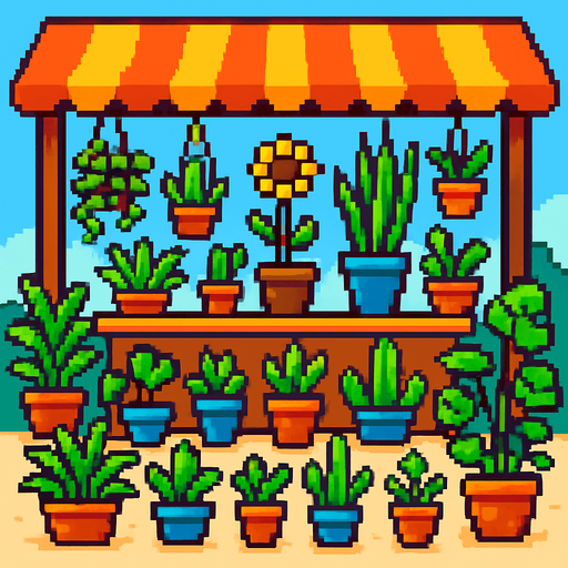 un  mercado de plantas de pixeles.
In-Game asset.  2d.  High contrast.  No shadows