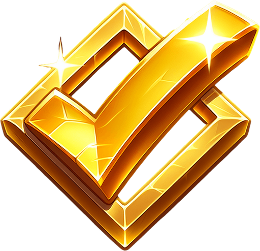 Brilliant Gold Checkmark.
Single Game Texture. In-Game asset. 2d. Blank background. High contrast. No shadows.