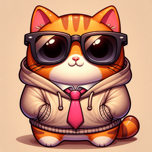 The feminine character is depicted as a cartoon-style, orange tabby cat with noticeable stripes. It features a round face, shielded by oversized, round, dark opaque sunglasses, and a physique that's charmingly smaller than its head, creating a cute, chubby look. This cat is casually dressed in a simple, light-colored hoodie with a drawstring. Unique to this character, however, is a whimsical twist—a pink tie is playfully worn on its head like a hat, adding a quirky and endearing element to its appearance. Positioned comfortably with its paws in front, the cat maintains a relaxed posture. The overall style is engagingly playful and whimsical, perfectly suited for a casual mascot or a protagonist in a children's book. The pink tie, worn in such an unconventional manner, subtly emphasizes the cat's creative and fun-loving nature, making it even more captivating and endearing..
Single Game Texture. In-Game asset. 2d. Blank background. High contrast. No shadows.